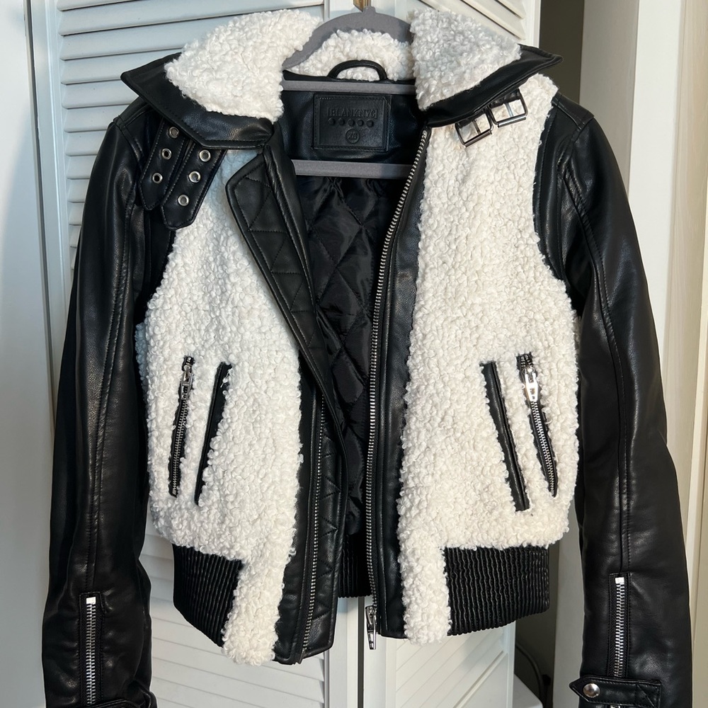 BLANK NYC black bomber faux white shearling Size XS
